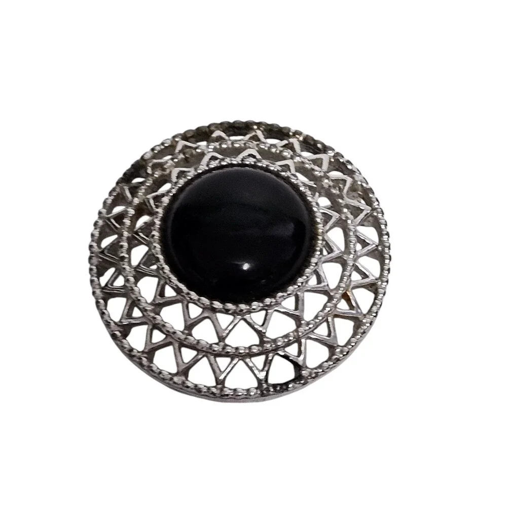 Sarah Coventry Vintage Brooch Pin Black Cabochon Round Silver Tone Costume‎